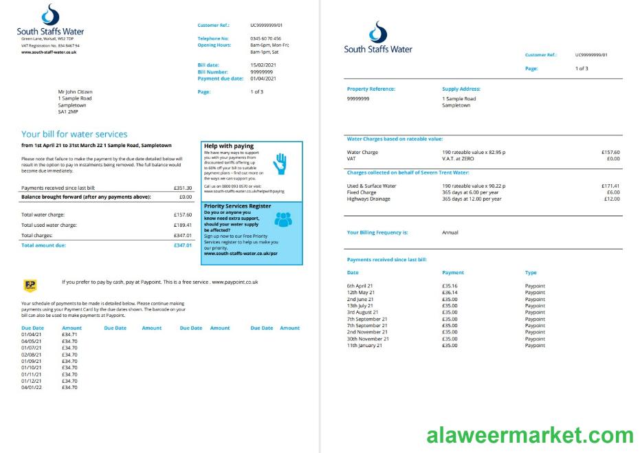 United Kingdom South Staffs Water utility bill template in Word and PDF format, 2 pages